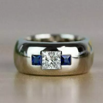 2CT Lab-Created Diamond Sapphire Men's 3-Stone Engagement Ring 14K White Gold FN • $124.20