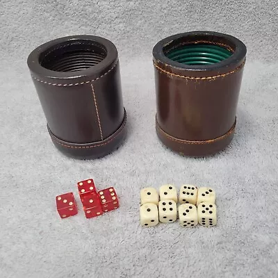 2 Vintage Brown Leather Bar Dice Cups W Ribbed Interior And Dice • $49.99