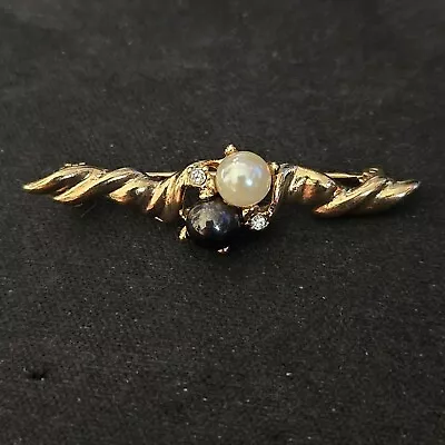 Vintage Gold Tone Twisted Bar Brooch Pin With Faux Black And White Pearls 1.5  • $9.25