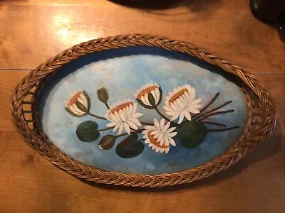 Vtg Wicker Tray Hand Painted Water Lilies 19” X 12.25” X 4  • $25