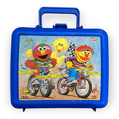 Vintage Sesame Street Plastic Blue Lunchbox Bicycle Race Elmo Ernie - W/Stickers • $14