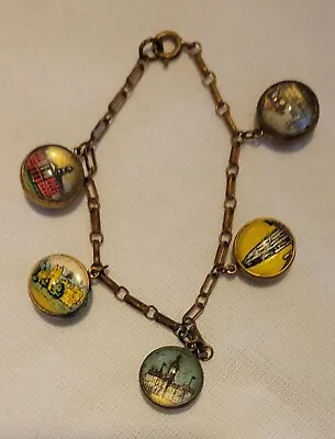 Vintage Charm Bracelet With Glass Domed Travel Charms Of European (?) Places • $26.90