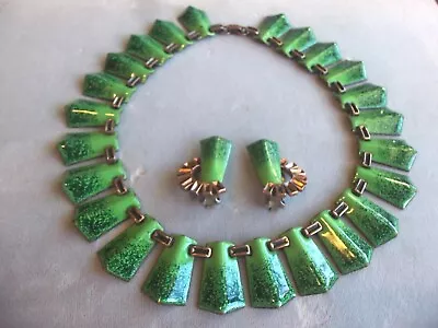 Vintage Antique Matisse Renoir Jade Green Enamel Necklace And Clip Earrings • $269.50