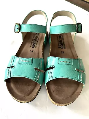 Mephisto Womens Sandal Sz 5 (35) Flat Mint Green Leather Cork Ankle Strap Shoe • $28.99