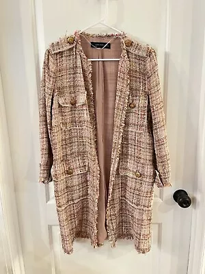 Womens ZARA PINK CHECKERED Tweed Raw Hem JACKET COAT SIZE Medium RARE • $29.75