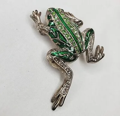 Vintage Frog Brooch Pendant Green Rhinestones Enamel Silver Tone Figural Pin  • $21.25