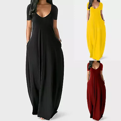 Women Plus Size Short Sleeve Long Dresses Ladies Summer Pockets Maxi Dress 2024 • $30.77