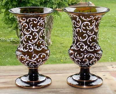 Pr Antique Bohemian Moser Style Cut Polished Vase(s) W/Enamel & Gold Gilt   • $40