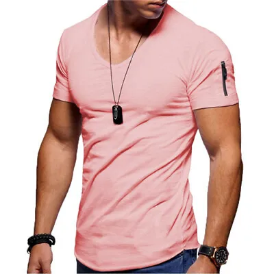 $19.99 • Buy Men's Short Sleeve V Neck Zipper T Shirt Casual Slim Fit Solid Muscle Tee Tops