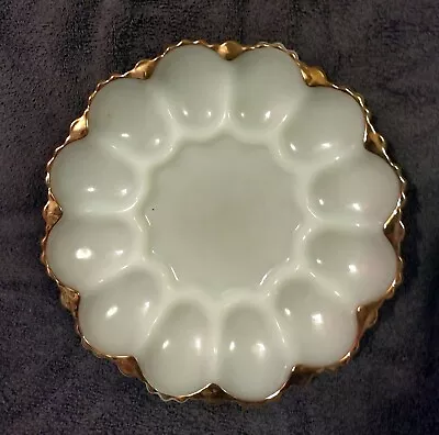 Vintage ANCHOR HOCKING White Milk Glass W/Gold Trim Deviled Egg Platter. VGC!!! • $7