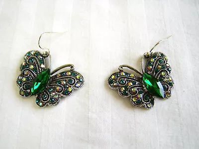 Betsey Johnson Silver Green Teal Gold AB Crystal Butterfly Hook Dangle Earrings • $12.95