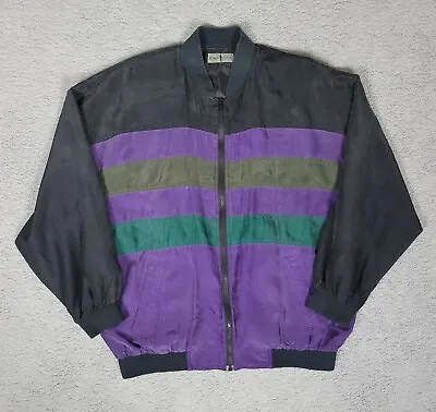 Robert Stock Jacket Mens Large Black Purple Silk VTG 90s Bomber Windbreaker • $7.50