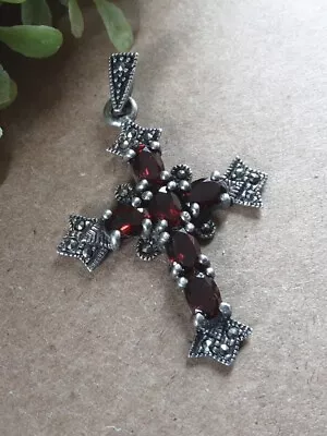 Vtg Cfj Th 925 Sterling Silver Garnet Marcasite Cross Pendant 1 3/4  #4ny • $18