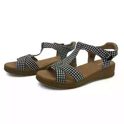 Lands End Women's Comfort Wedge Sandals T-Strap Open Toe Black Gingham Check 10B • $19.98