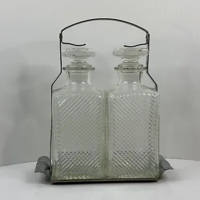 Vintage Set Of 2 Glass Liquor Decanters With Stopper And Locking Carrier Caddy • $39