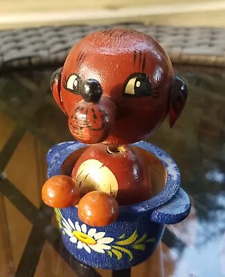 Vintage Wooden Dog In Bucket Bobblehead Handpainted Folk Art • $13