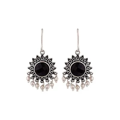 $25.62 • Buy Indian Oxidized Silver Plating Flower Shape Earrings With Black Stone For Women