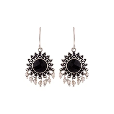 $25.62 • Buy Indian Oxidized Silver Plating Flower Shape Earrings With Black Stone For Women