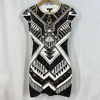 Express Sequin Geometric Short Sleeve Mini Dress Bodycon Black And White XS • $34.98