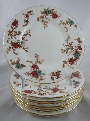 Minton Ancestral 8 Bread Dessert Plates Floral Gold Trim Scallop Edge Globe Mark • $49.99