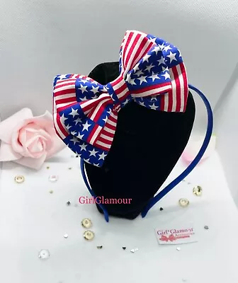 USA America Flag Blue Red Hairband Headband Alice Hair Band Bow Tie  4th July • £3.99