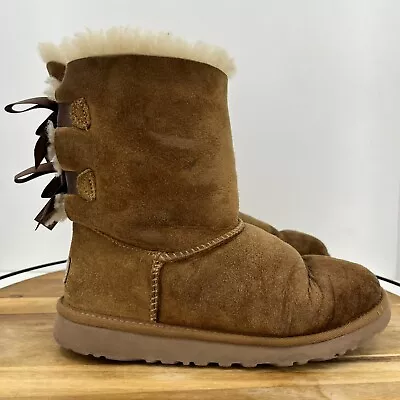 UGG Boots Youth 4 Brown Kids Bailey Bow Pull On Suede Sheepskin Mid Calf 3280K • $17.95