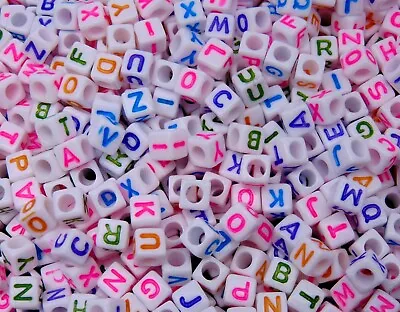 100 Pcs - 6mm White Cube Alphabet Letter Beads Mix Colour Letters Kids Craft H41 • £2.19