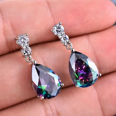 Fashion Mystic Teardrop Rainbow Drop Dangle Hook Zirconia Earring Silver Jewelry • $0.61