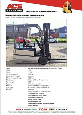 £7750 • Buy TCM FTB18-7 Container Spec 3W 1.8t Forklift Hire-£52.50pw Buy-£7750 HP-£38.70pw