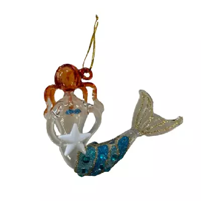 Blown Glass Mermaid Holding A Starfish Ornament With Glitter Stripes And Bead Em • $16.99