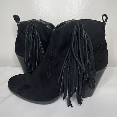 Charlotte Russe Womens Farah Size 7 Black Fringe 3.5  Heeled Ankle Boot Booties • $15