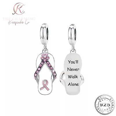 Pink Cancer Ribbon Charm - You'll Never Walk Alone Genuine 925 Sterling Silver • £16.99