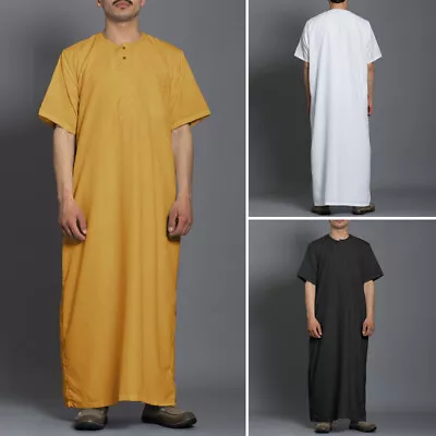 Fashion Mens Short Sleeve Saudi Jubba Abaya Arabic Kaftan Thobe Long Dress Gown • £11