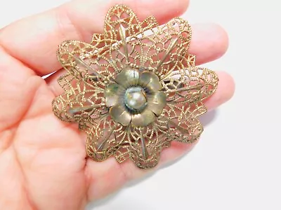 Gold Tone Filigree Metal Flower Brooch Vintage • $5.09