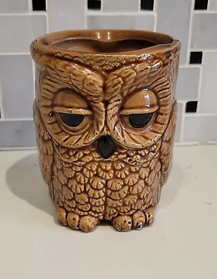 Vintage Brown Hand Painted Owl Ceramic Planter Votive Holder Trinket Keeper  • $14