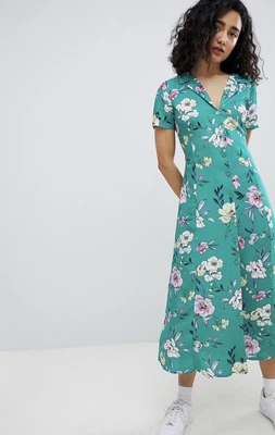 $15 • Buy Bershka | Midi Shirt Dress | Green Floral | Size Small