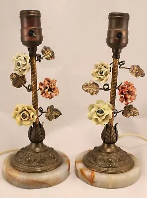 Vintage Pair Of Gilt Metal Table Lamps With Porcelain Flowers Onyx Base • $525