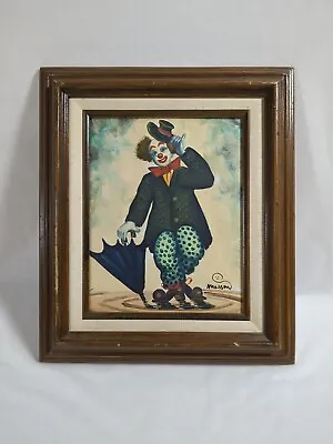 Vintage Clown Painting Signed Masson On Wood Clown Holding Umbrella Smile Sad • $28