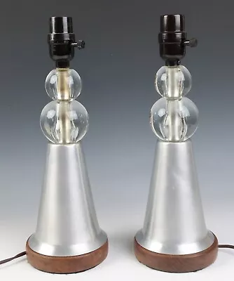 Pair Vintage Aluminum Lucite Table Lamp Mid-Century Modern Machine Age Art Deco • $251.75