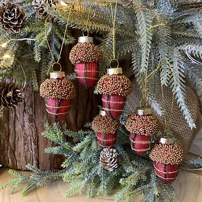 Set Of 6 Glass Tartan Acorn Bauble Christmas Tree Decorations Vintage Hanging  • £16.99