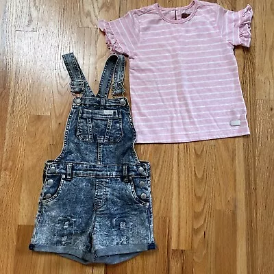 7 For All Mankind Toddler Girls Overall Shorts Set 4T Blue Denim Bib Distressed • $14.99