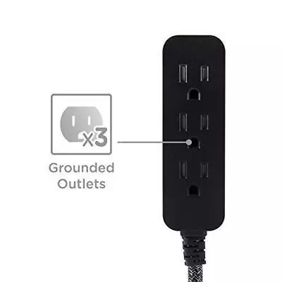 Designer 3-outlet Power Strip 2 Ft Braided Extension Cord Black Heather • $11.77