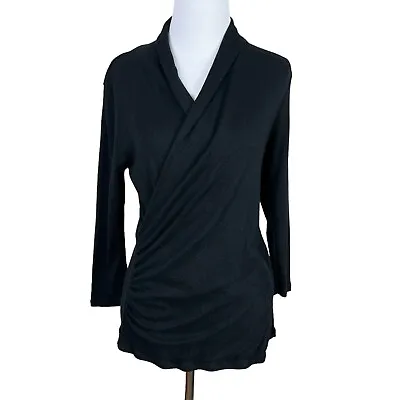 Michael Stars Faux Wrap Top Womens OS Black Surplice 3/4 Sleeve Slim Fit Knit • $24.98