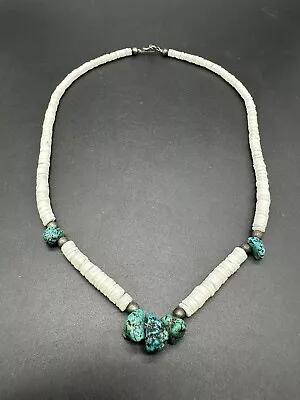 Native American Vintage Santo Domingo Turquoise Sterling Silver Necklace  19” • $68