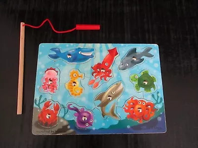 Melissa & Doug Magnetic Wooden Fishing Puzzle Game With Magnetic Pole ~ GUC • $4.99