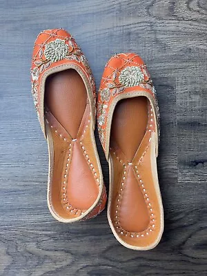 Traditional Orange And Gold Indian Bridal Wedding Punjabi Jutti Leath Shoes 75 • $30