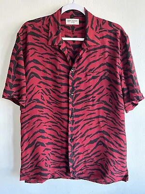 Men’s Saint Laurent Red Silk Button Shirt Size 15 1/2 Tiger Print  • $270