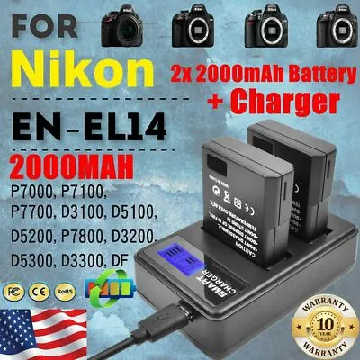 2x Battery + Charger For Nikon EN-EL14 EN-EL14a Coolpix P7000 DSLR D3100 D5100 D • $22.99