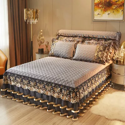 Luxury Quilted Velvet Bed Skirt Bedspread Lace Ruffle Bed Sheet Cover Bedding • £53.08