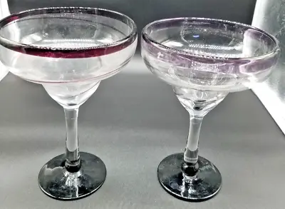Mexican Margarita Martini Glass Purple Color Rim Hand Blown Set Of 2 • $28